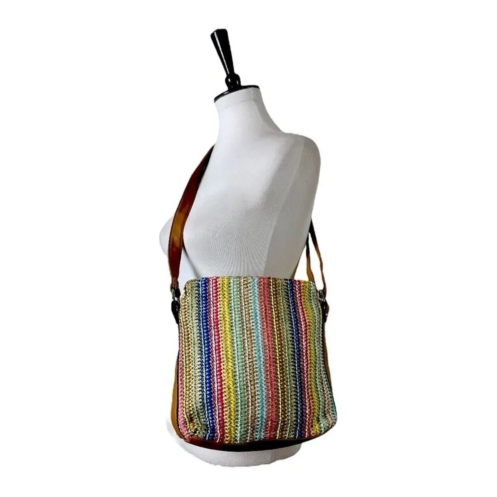 Rossetti Crossbody Bag Pink Blue Yellow Tan Woven Fabric Faux Leather Medium